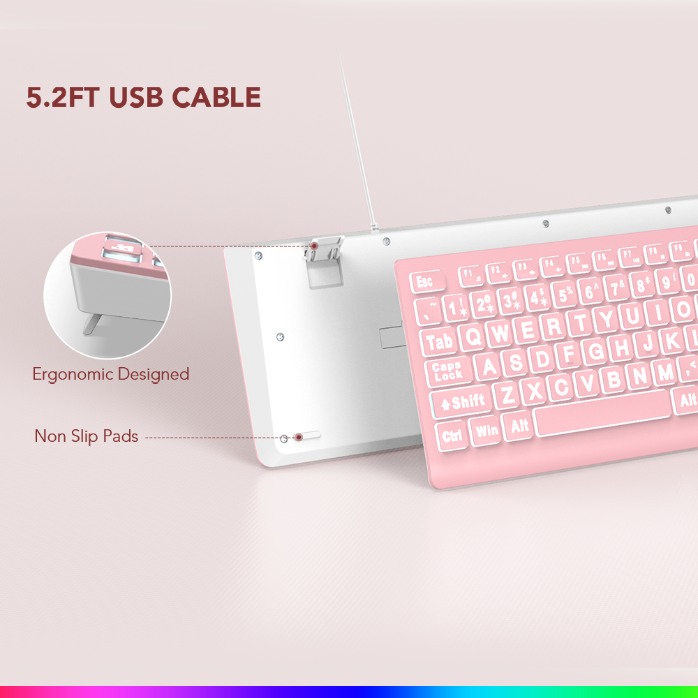 Clavier filaire ergonomique rétroéclairé à grands caractères – rose