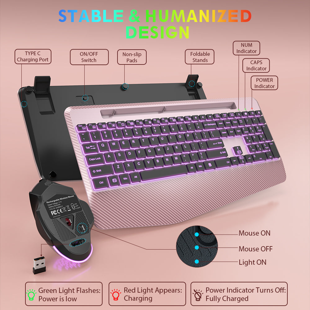 Ensemble clavier et souris sans fil ergonomique rechargeable rétroéclairé RGB silencieux avec repose-poignets, 2,4 GHz