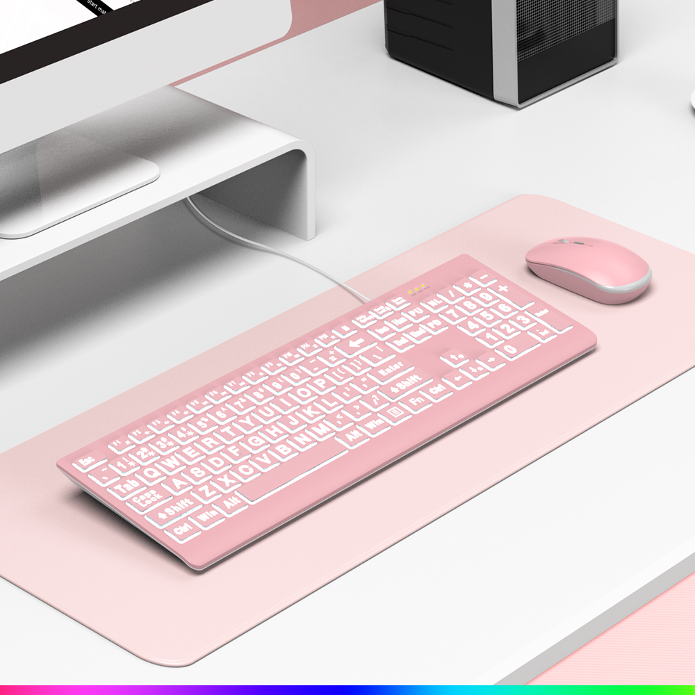 Clavier filaire ergonomique rétroéclairé à grands caractères – rose