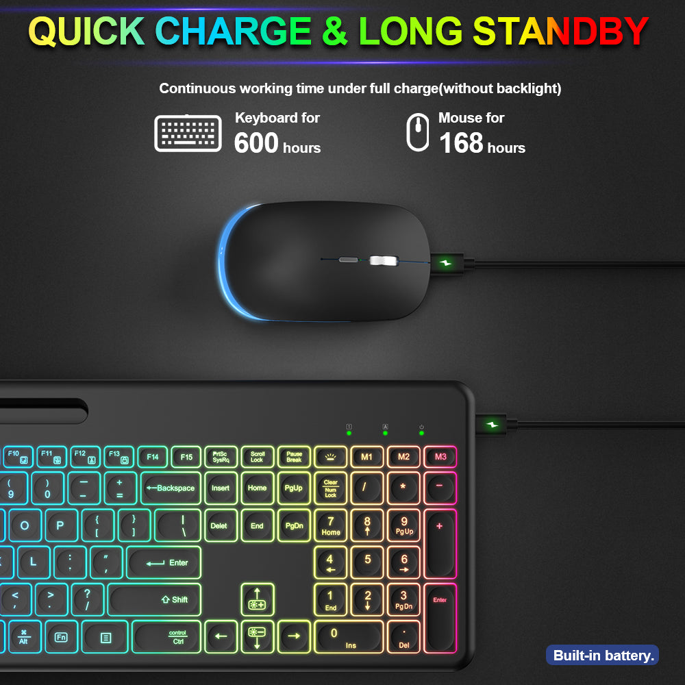 Ensemble clavier et souris sans fil rechargeable rétroéclairé RGB silencieux, 2,4 GHz – blanc