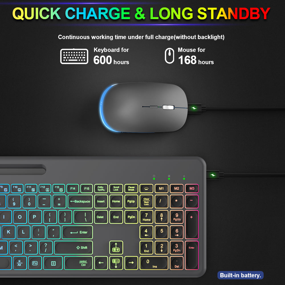 Ensemble clavier et souris sans fil rechargeable rétroéclairé RGB silencieux, 2,4 GHz – blanc