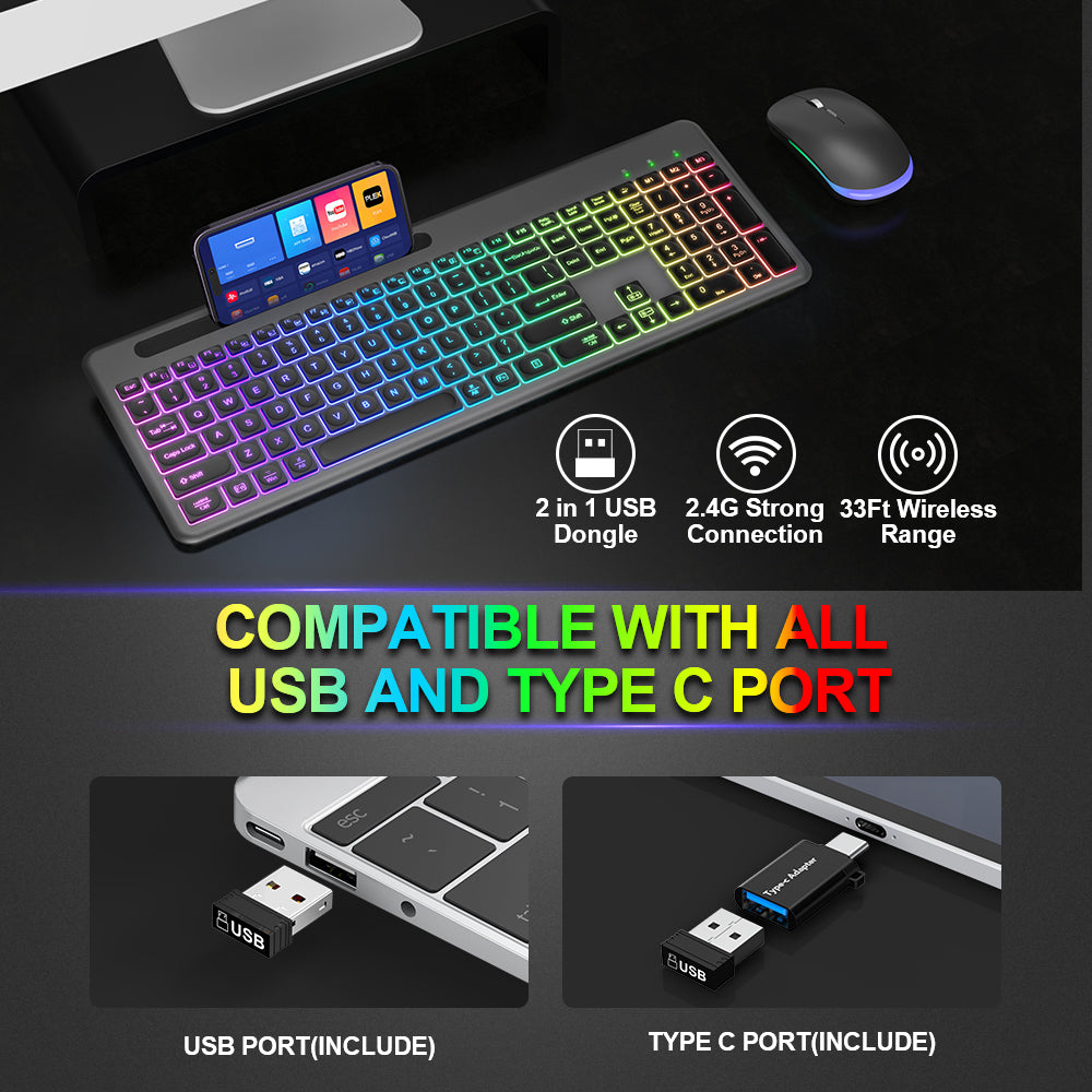 Ensemble clavier et souris sans fil rechargeable rétroéclairé RGB silencieux, 2,4 GHz – blanc