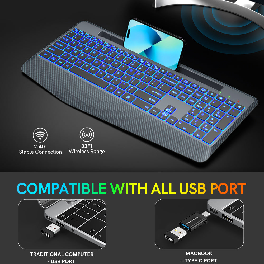Clavier sans fil ergonomique rechargeable rétroéclairé silencieux avec repose-poignets, 2,4 GHz – gris