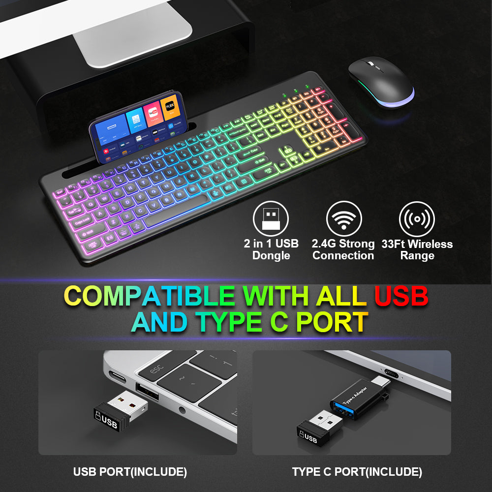 Ensemble clavier et souris sans fil rechargeable rétroéclairé RGB silencieux, 2,4 GHz – blanc