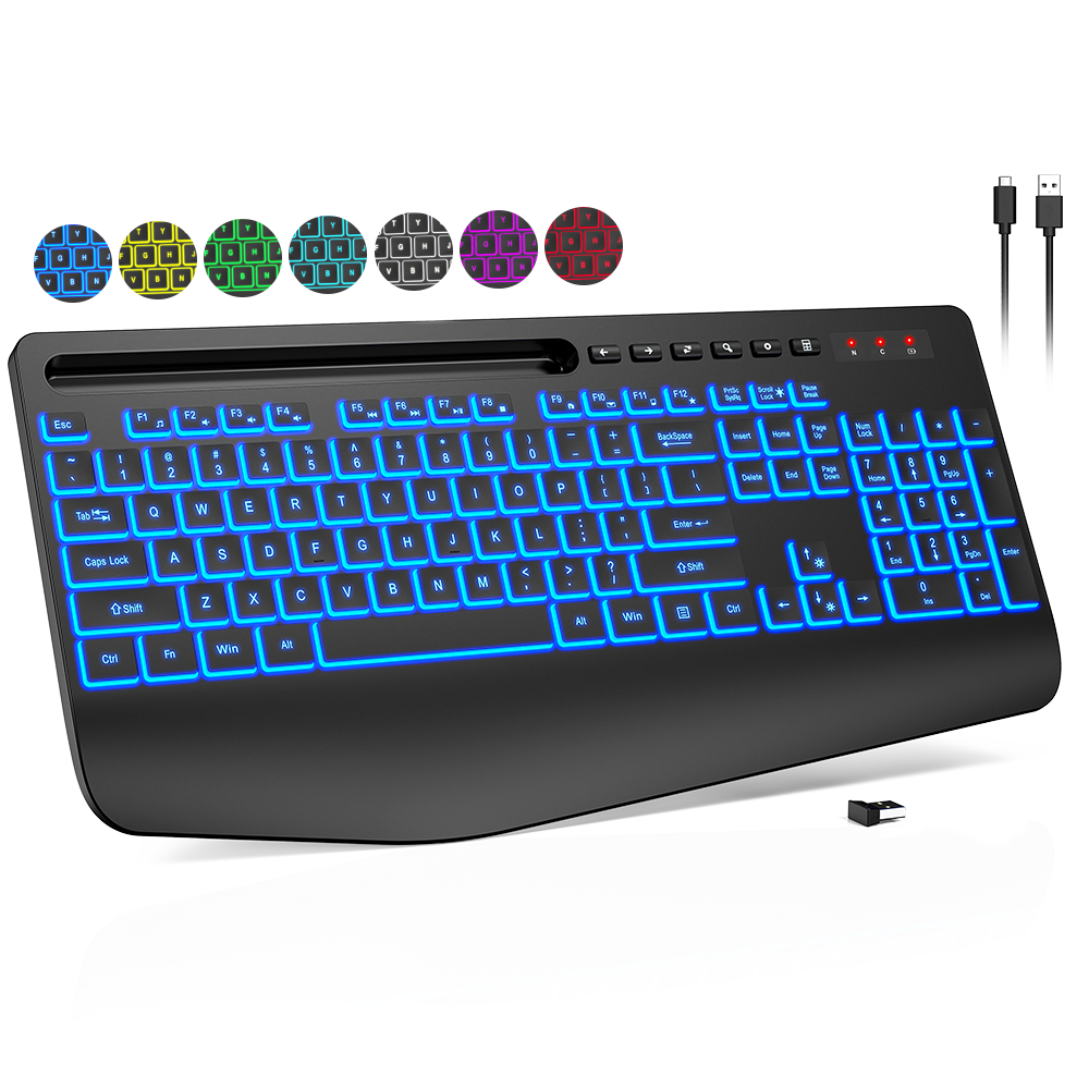 Clavier sans fil ergonomique rechargeable rétroéclairé silencieux avec repose-poignets avec support pour téléphone, 2,4 GHz, 112 touches