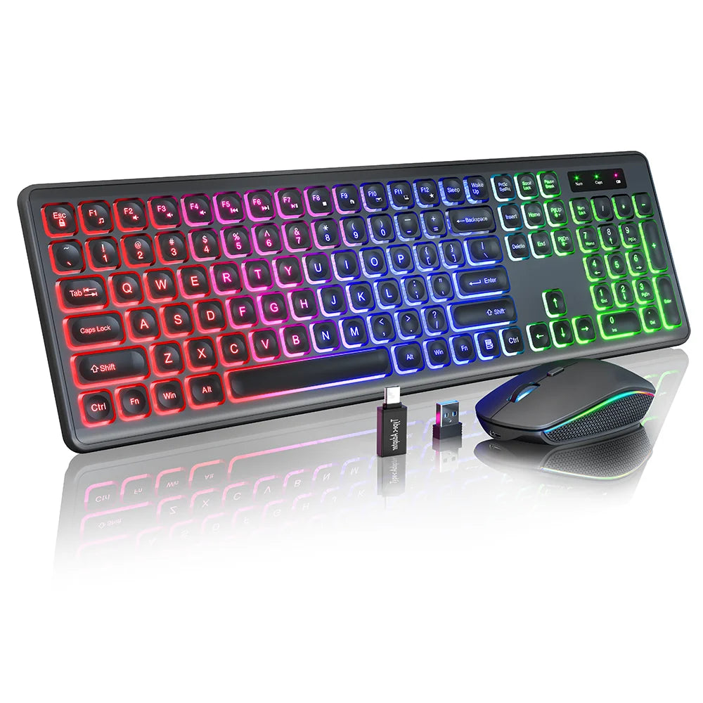Ensemble clavier et souris sans fil ergonomique rechargeable rétroéclairé RGB silencieux, 2,4 GHz – noir