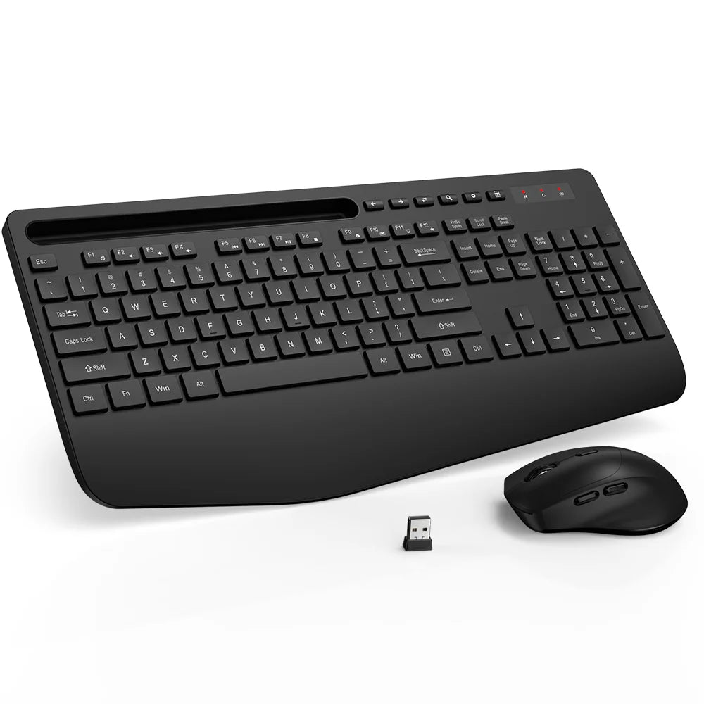 Ensemble clavier et souris sans fil ergonomique silencieux avec repose-poignets avec support pour téléphone, 2,4 GHz