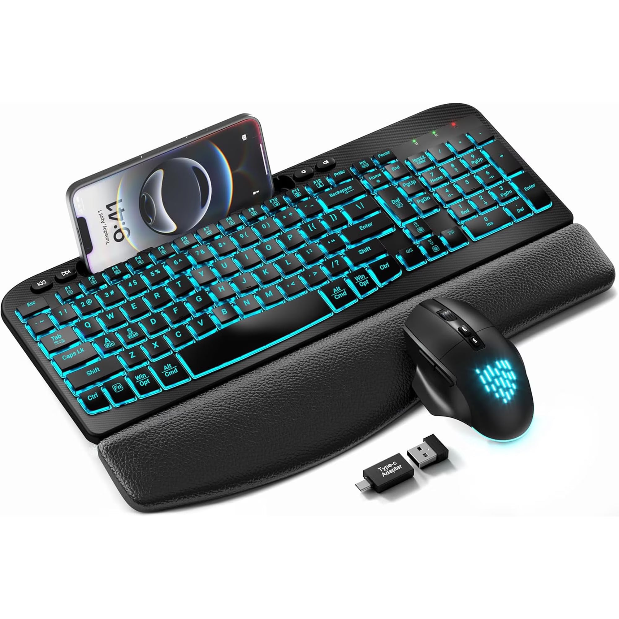 Ensemble clavier et souris sans fil ergonomique rechargeable rétroéclairé RGB avec repose-poignets, 2,4 GHz