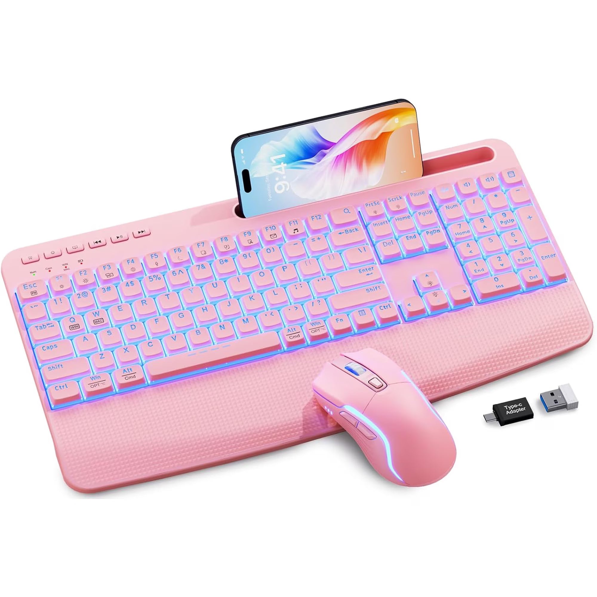 Ensemble clavier et souris sans fil ergonomique rechargeable rétroéclairé RGB silencieux avec repose-poignets avec support pour téléphone, 4000mah – rose