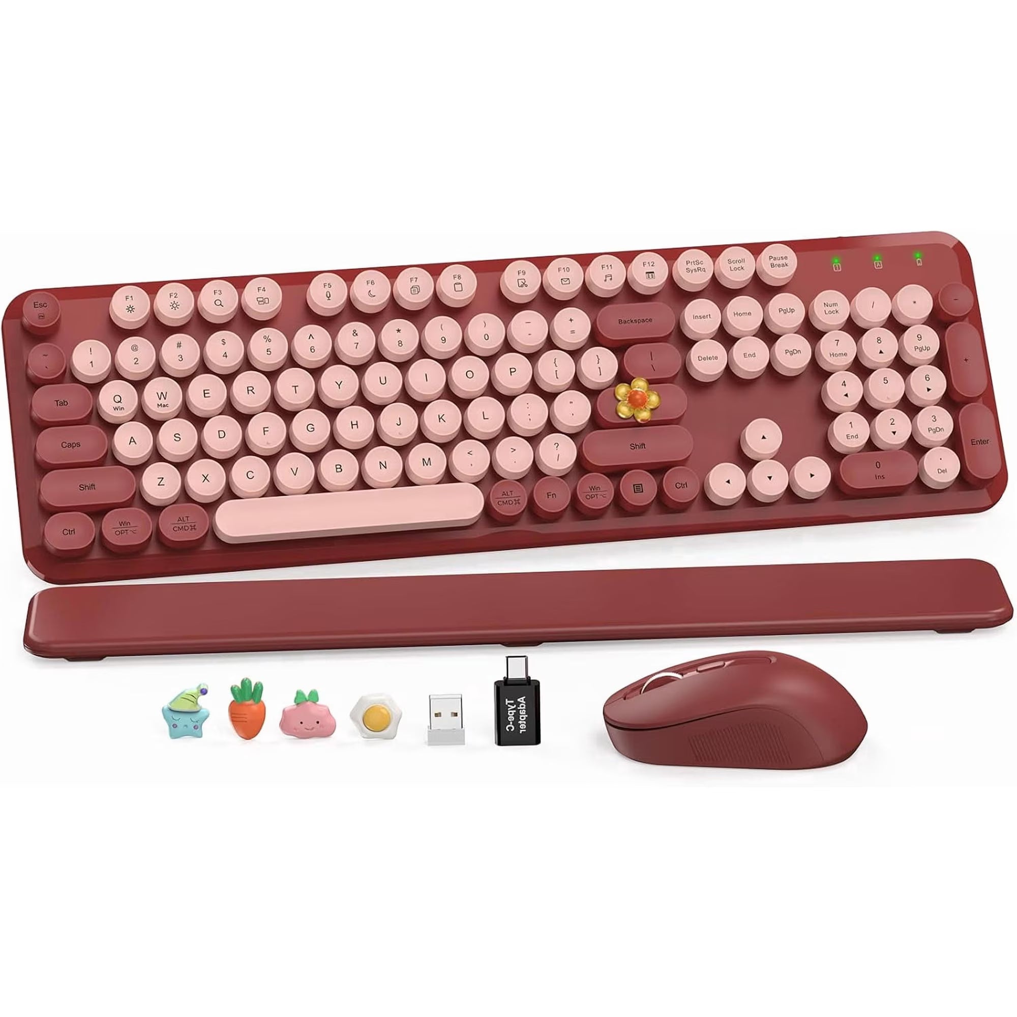 Ensemble clavier et souris sans fil ergonomique avec repose-poignets style rétro, 2,4 GHz – rose vif
