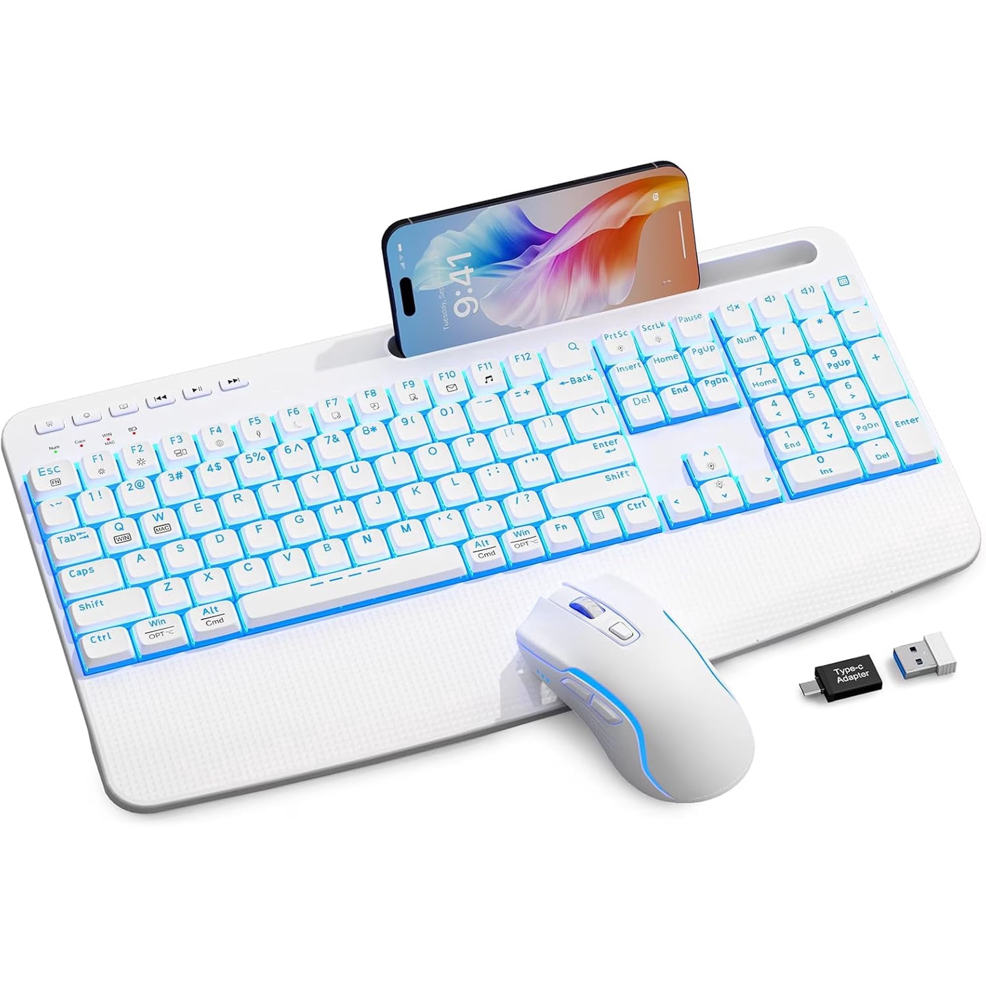 Ensemble clavier et souris sans fil ergonomique rechargeable rétroéclairé RGB silencieux avec repose-poignets avec support pour téléphone, 4000mah – blanc nuage