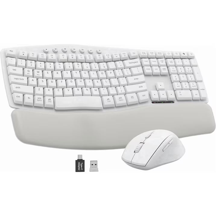 Ensemble clavier et souris sans fil ergonomique silencieux avec repose-poignets, 3 niveaux de DPI – blanc