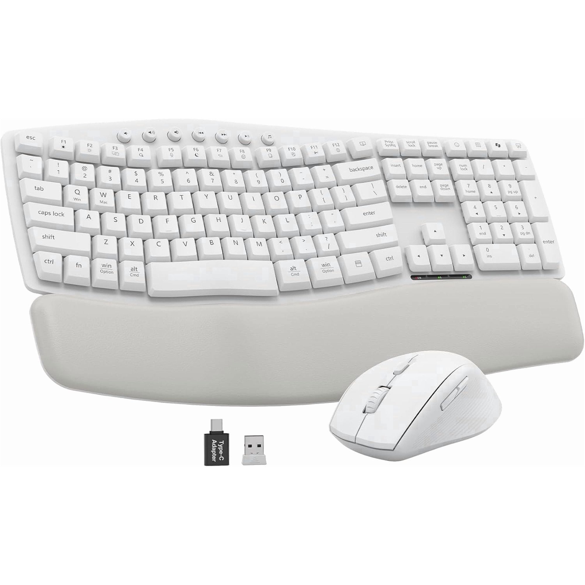 Ensemble clavier et souris sans fil ergonomique silencieux avec repose-poignets, 3 niveaux de DPI – blanc