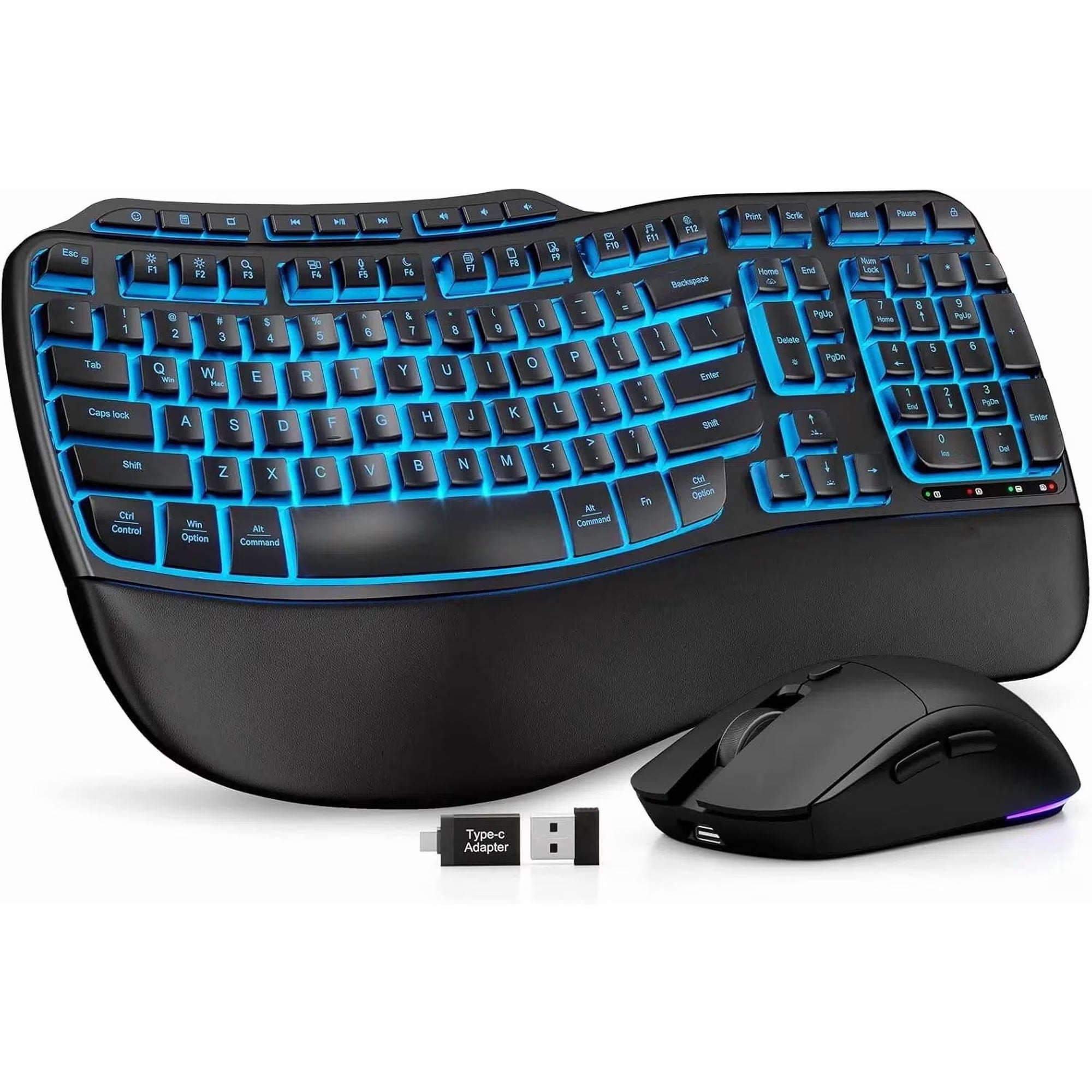 Ensemble clavier et souris sans fil ergonomique rechargeable rétroéclairé RGB avec repose-poignets, 4000mah, 2,4 GHz