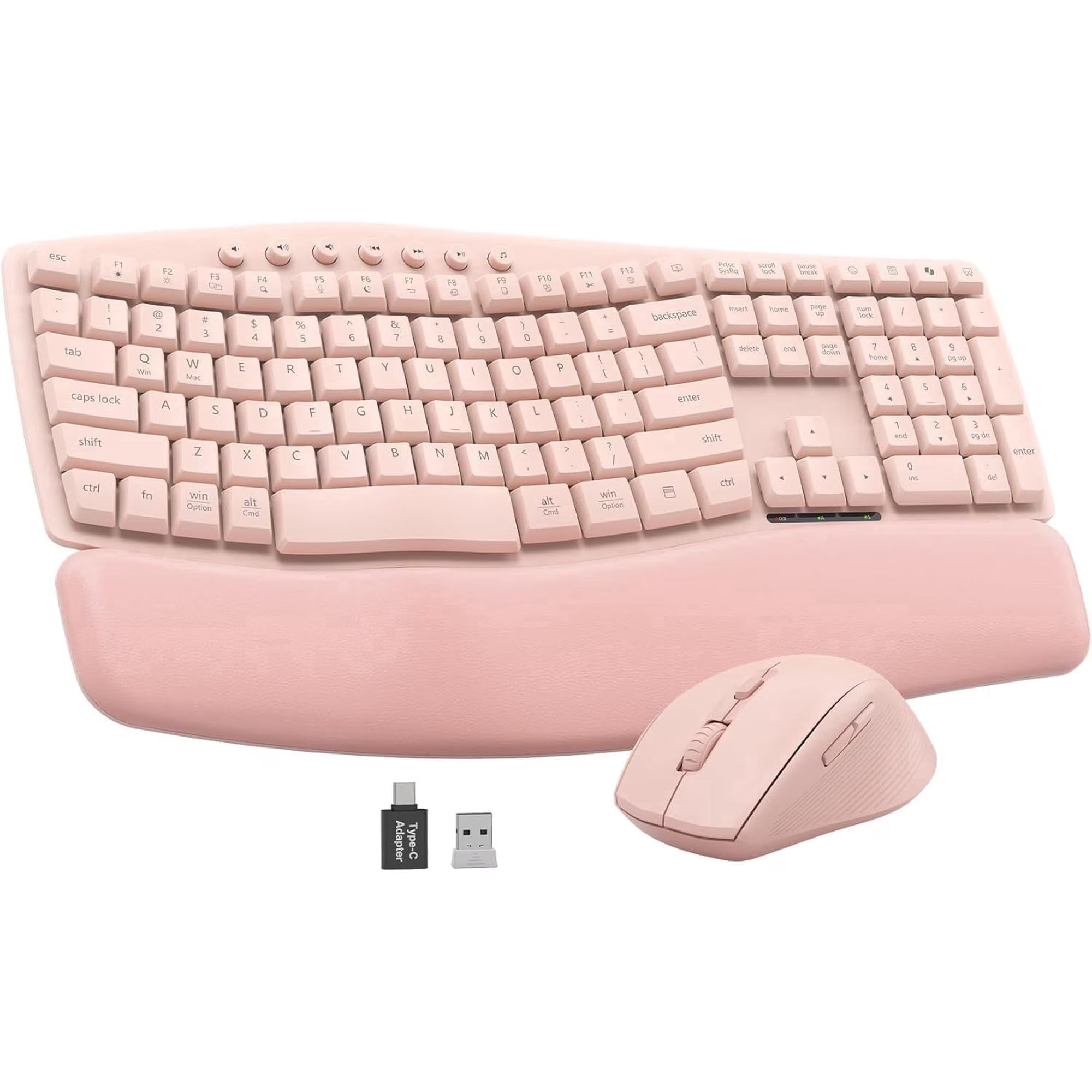 Ensemble clavier et souris sans fil ergonomique silencieux avec repose-poignets, 3 niveaux de DPI – rose