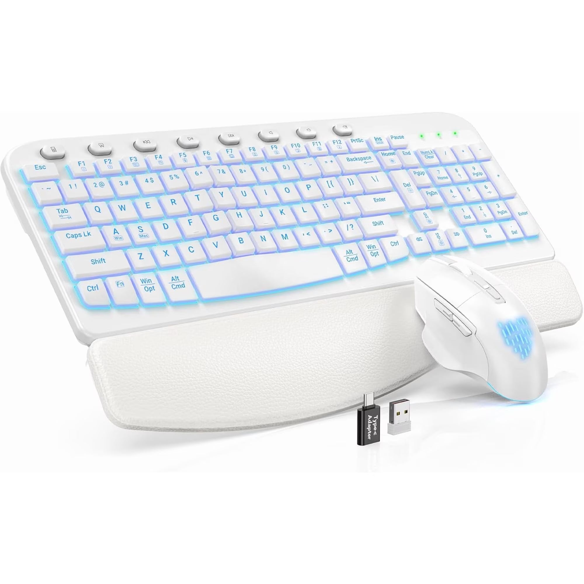 Ensemble clavier et souris sans fil ergonomique rechargeable rétroéclairé RGB avec repose-poignets, 2,4 GHz – blanc