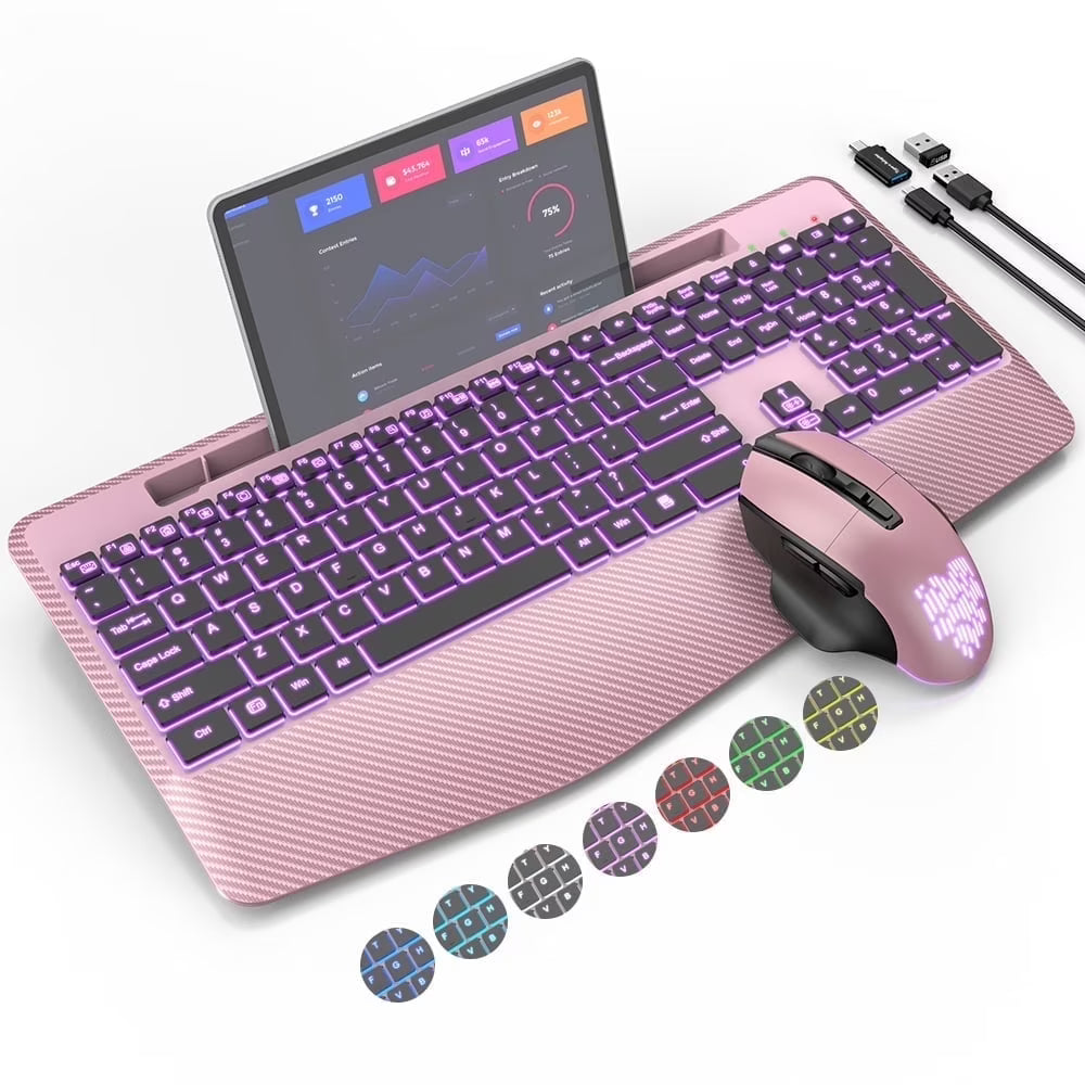 Ensemble clavier et souris sans fil ergonomique rechargeable rétroéclairé RGB silencieux avec repose-poignets avec support pour téléphone