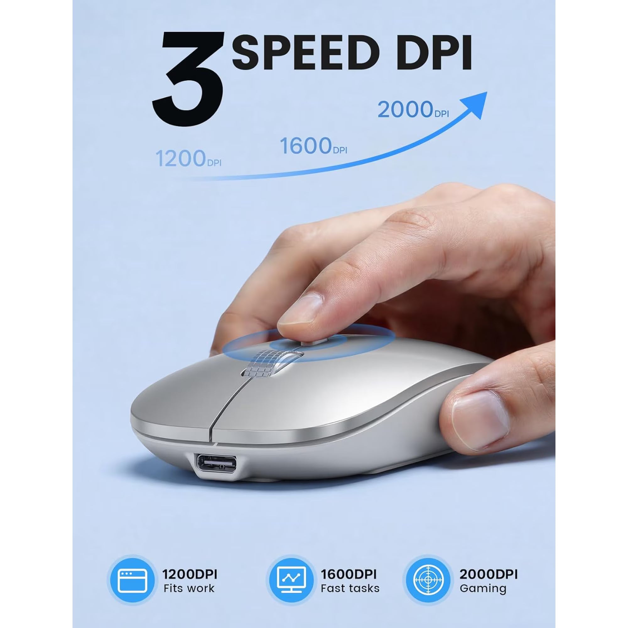 Souris informatique sans fil rechargeable silencieuse, 2,4 GHz, 3 niveaux de DPI