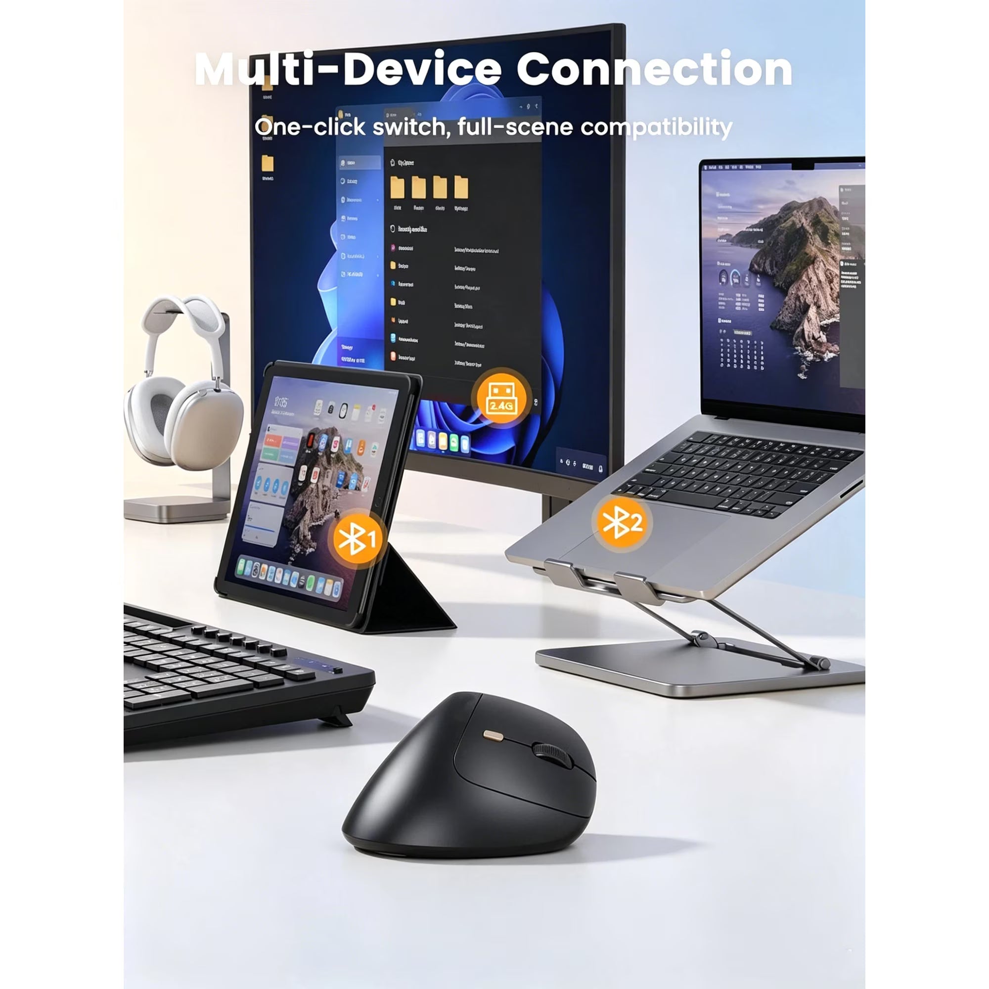 Souris verticale ergonomique sans fil rechargeable silencieuse, 4 niveaux de DPI – noir