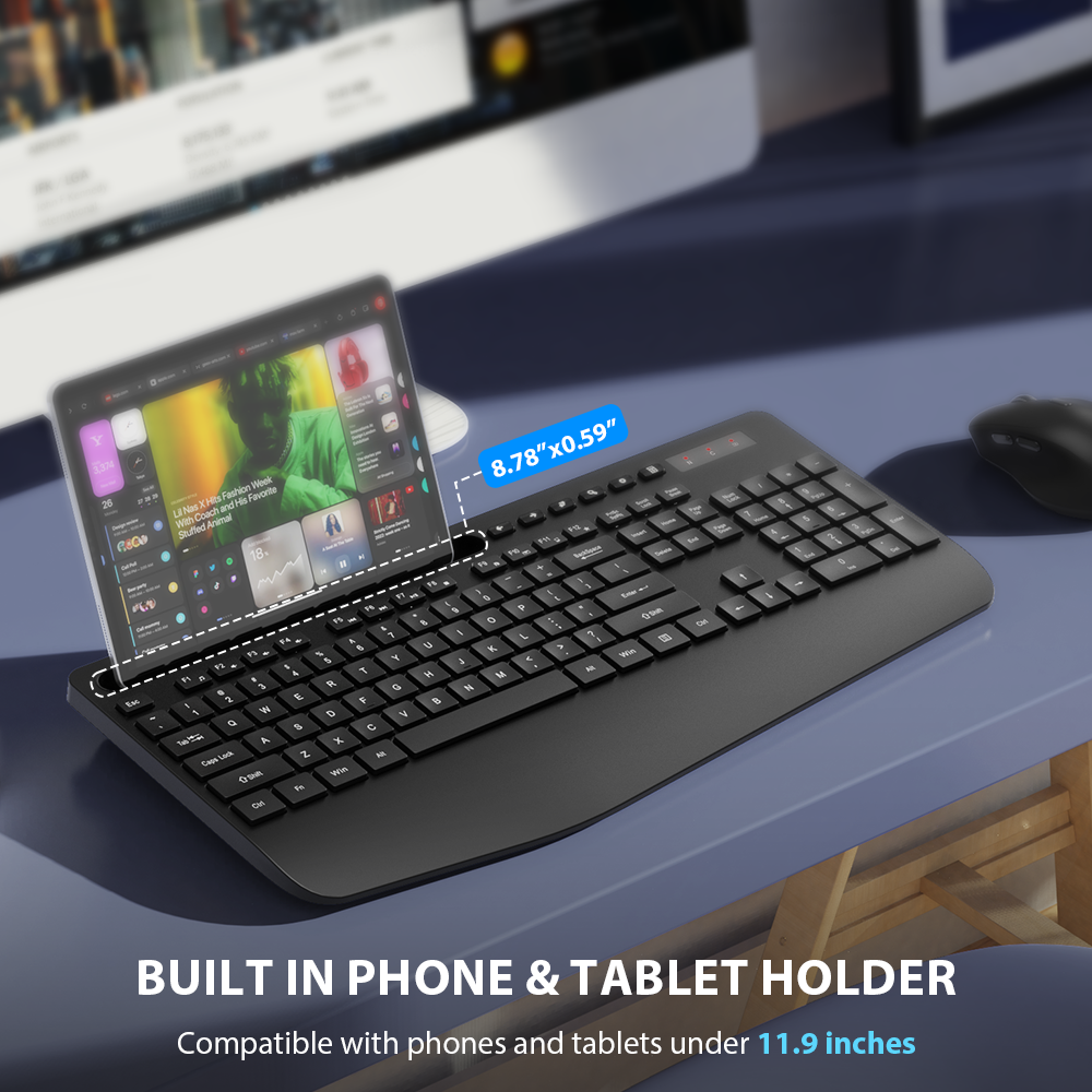 Ensemble clavier et souris sans fil ergonomique silencieux avec repose-poignets avec support pour téléphone, 2,4 GHz
