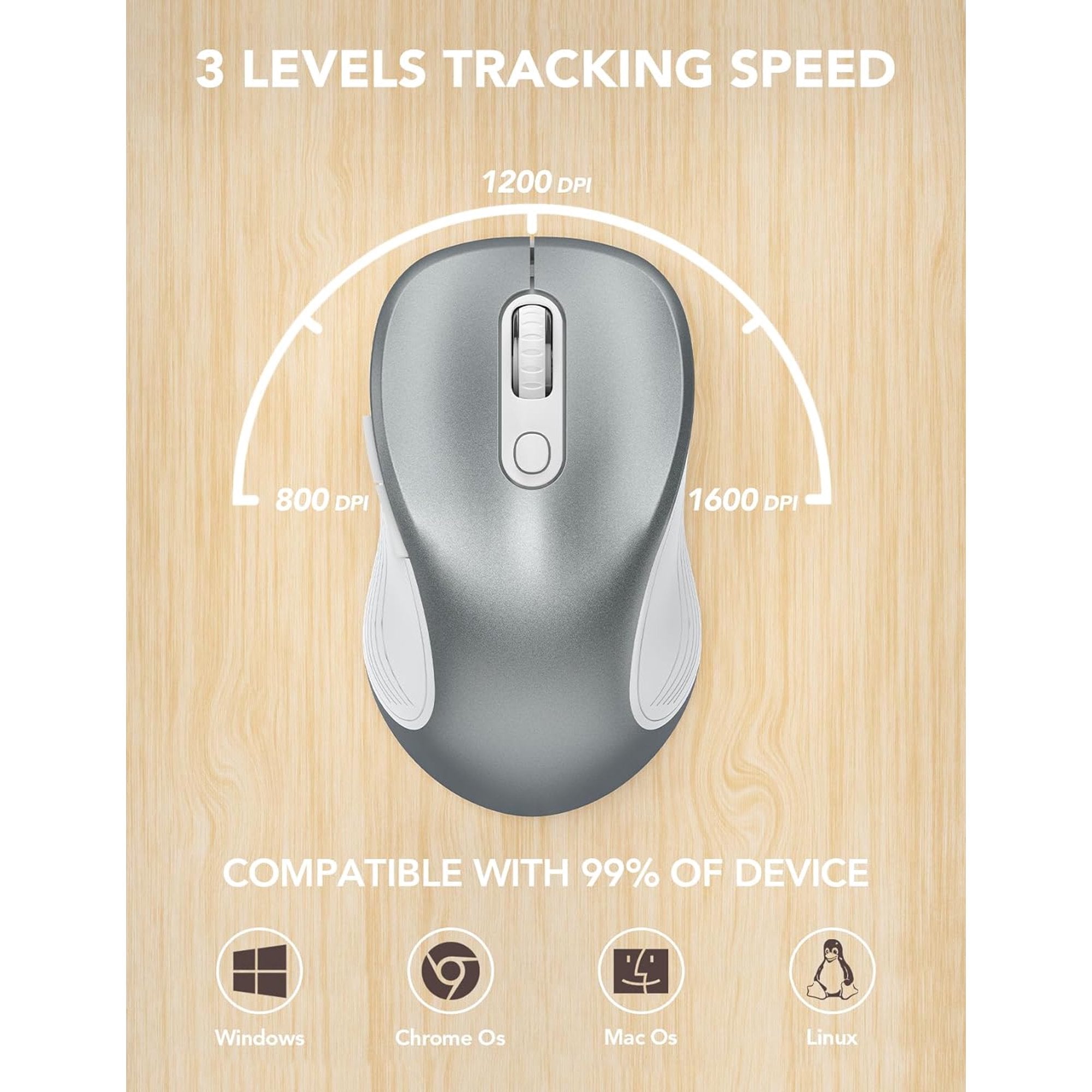 Souris informatique sans fil ergonomique silencieuse, 3 niveaux de DPI – gris