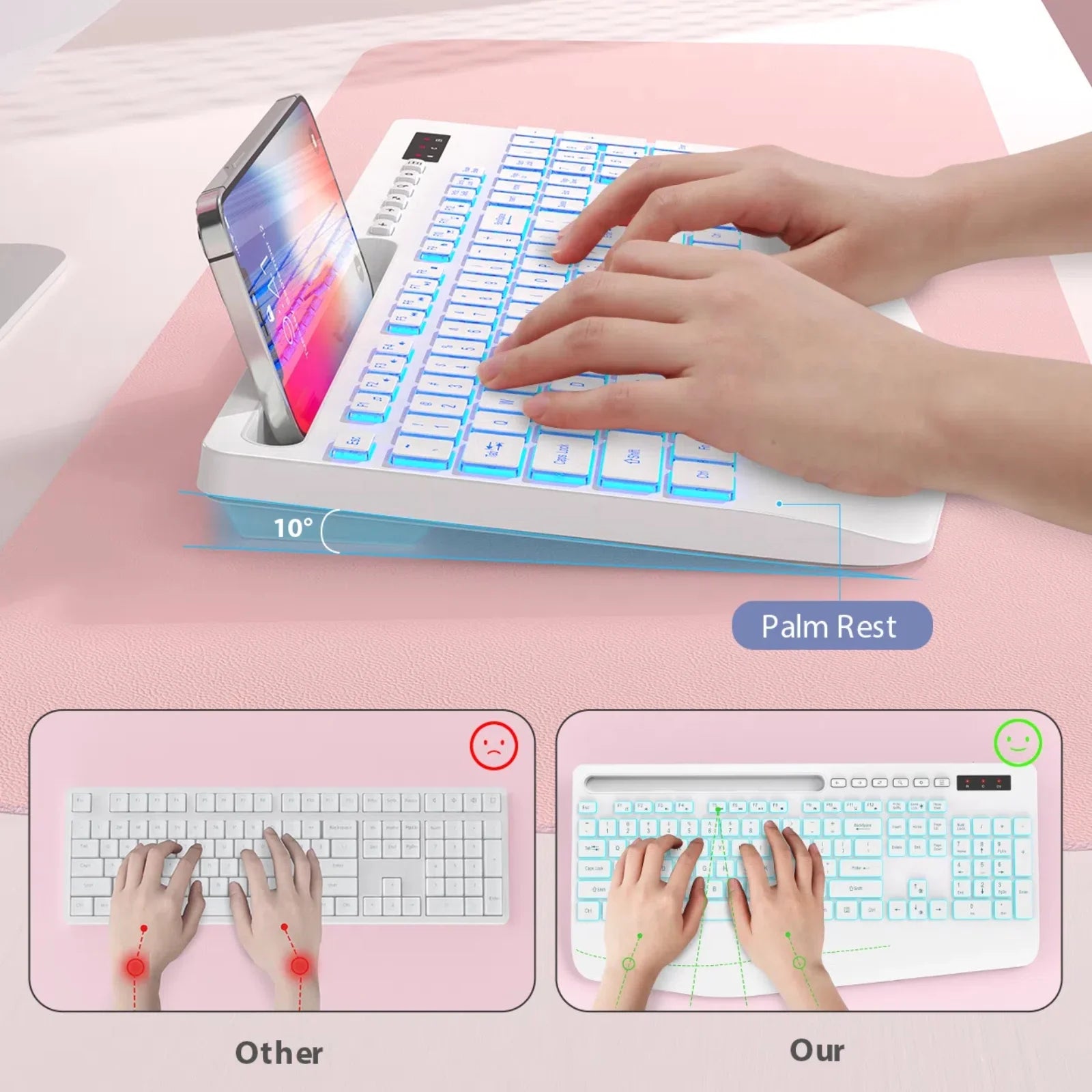 Clavier sans fil ergonomique rechargeable rétroéclairé silencieux avec repose-poignets, 2,4 GHz, 112 touches – blanc