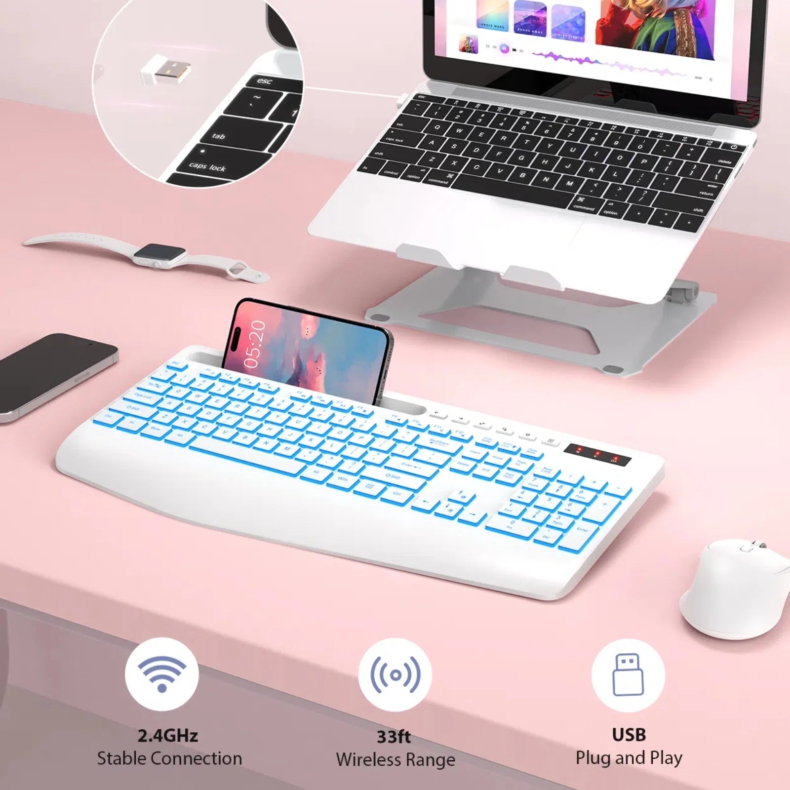 Clavier sans fil ergonomique rechargeable rétroéclairé silencieux avec repose-poignets, 2,4 GHz, 112 touches – blanc