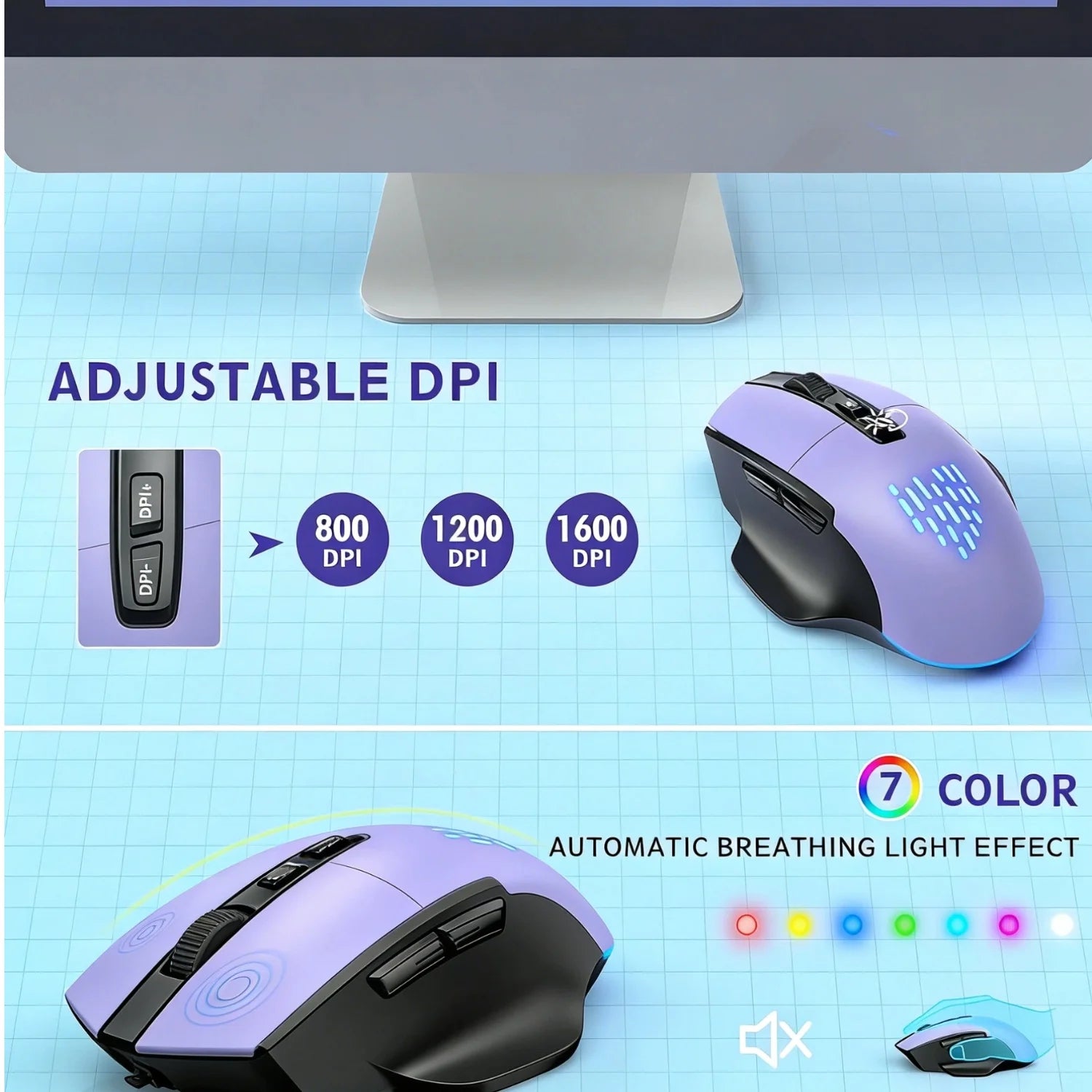 Ensemble clavier et souris sans fil ergonomique rechargeable rétroéclairé RGB silencieux avec repose-poignets avec support pour téléphone – violet