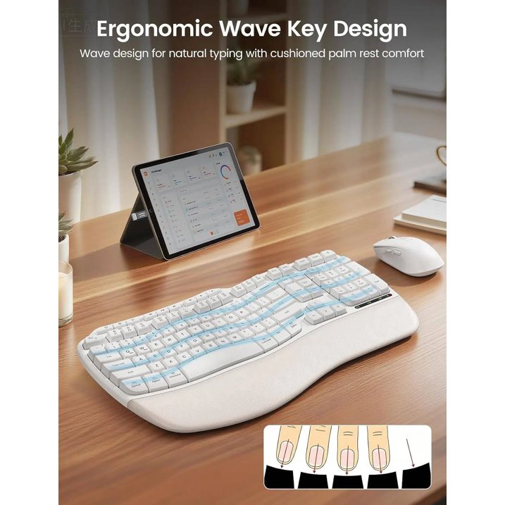 Ensemble clavier et souris sans fil ergonomique avec repose-poignets, 2,4 GHz, 3 niveaux de DPI