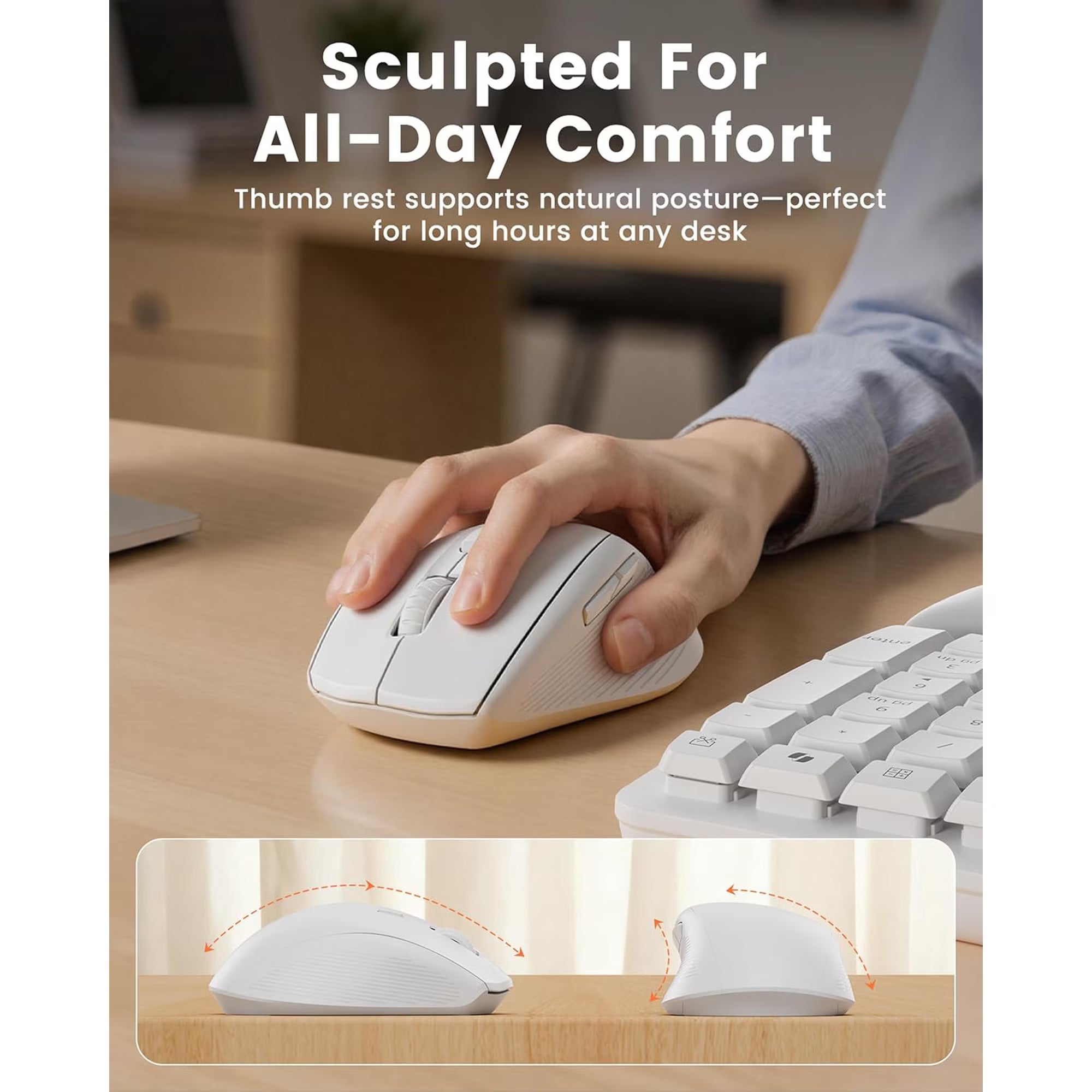 Ensemble clavier et souris sans fil ergonomique silencieux avec repose-poignets, 3 niveaux de DPI – blanc