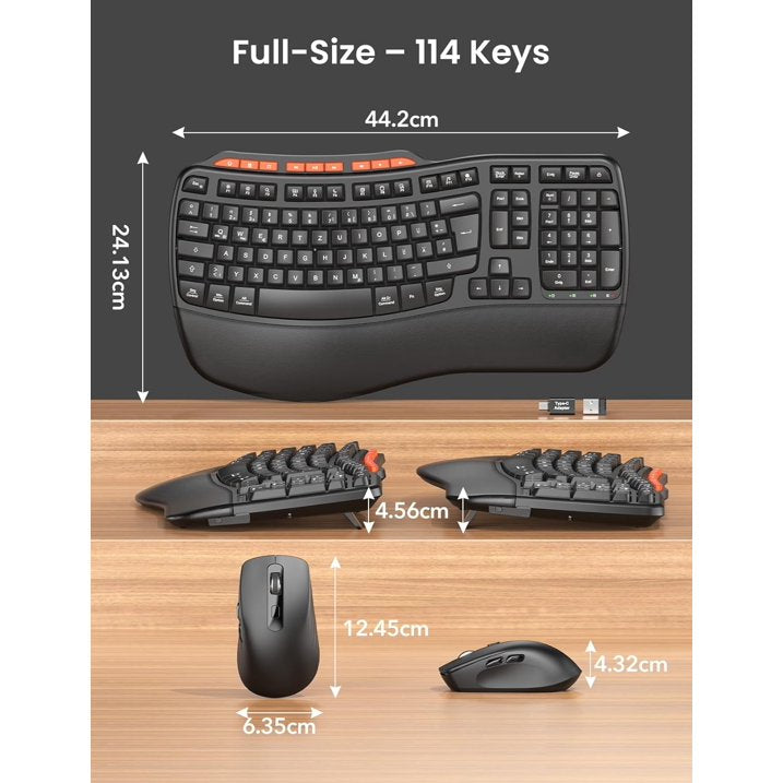 Ensemble clavier et souris sans fil ergonomique avec repose-poignets, 2,4 GHz, 3 niveaux de DPI