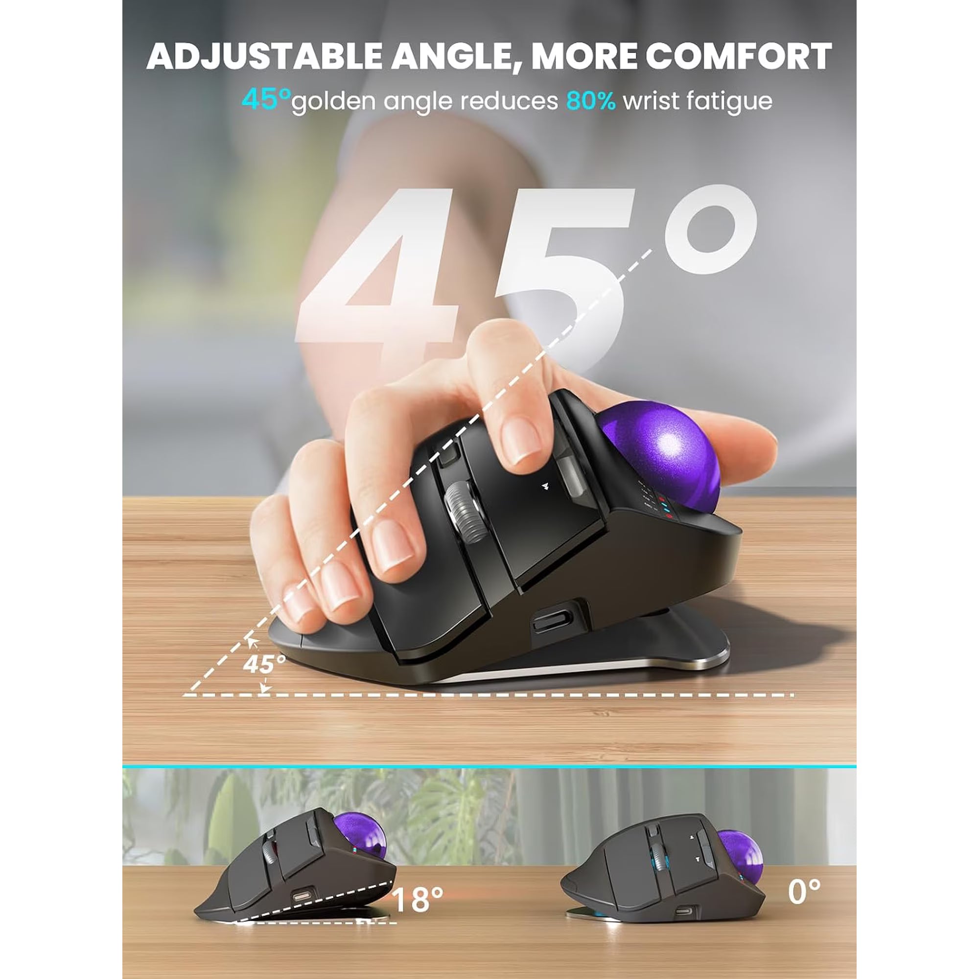 Souris trackball ergonomique sans fil rechargeable silencieuse – violet