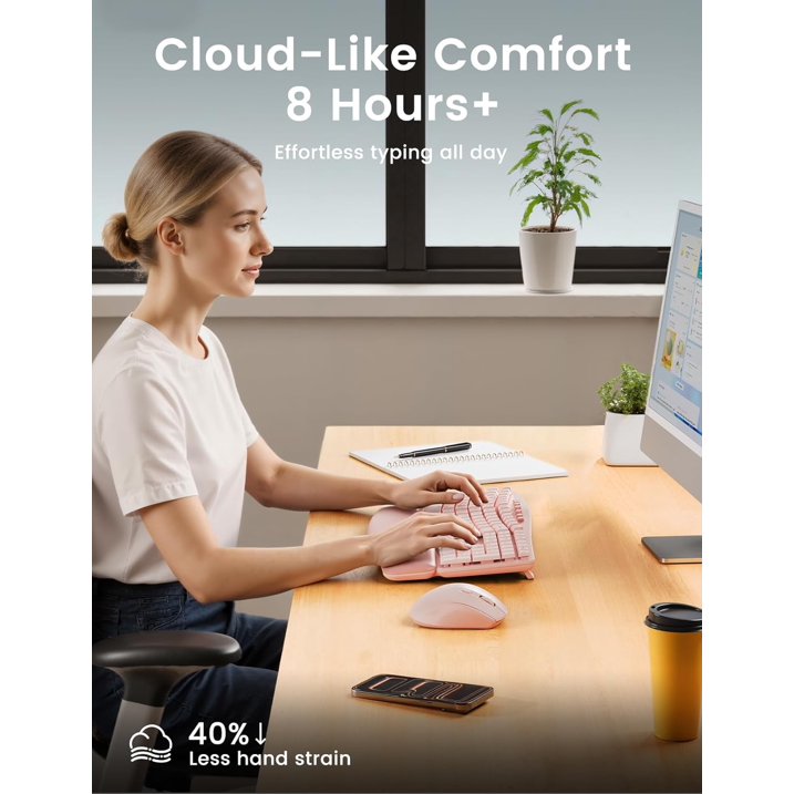Ensemble clavier et souris sans fil ergonomique silencieux avec repose-poignets, 3 niveaux de DPI – rose