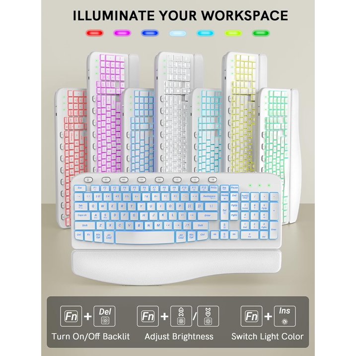 Ensemble clavier et souris sans fil ergonomique rechargeable rétroéclairé RGB avec repose-poignets, 2,4 GHz – blanc