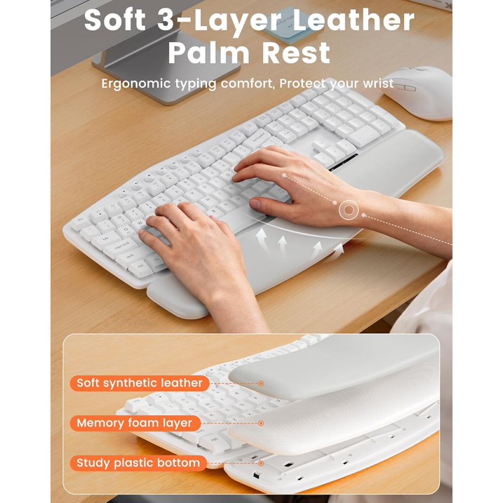 Ensemble clavier et souris sans fil ergonomique silencieux avec repose-poignets, 3 niveaux de DPI – blanc