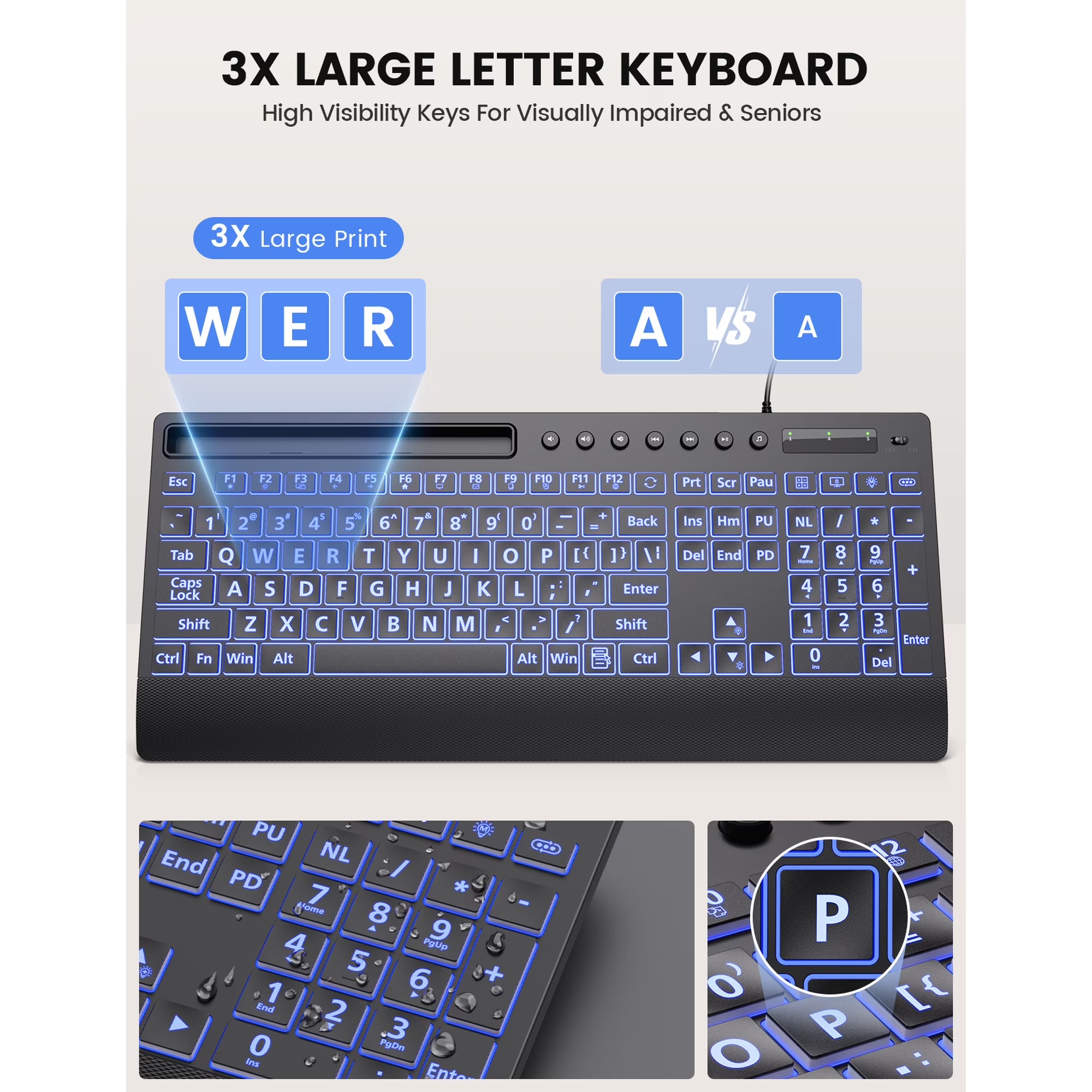 Clavier filaire ergonomique rétroéclairé silencieux à grands caractères avec repose-poignets avec support pour téléphone