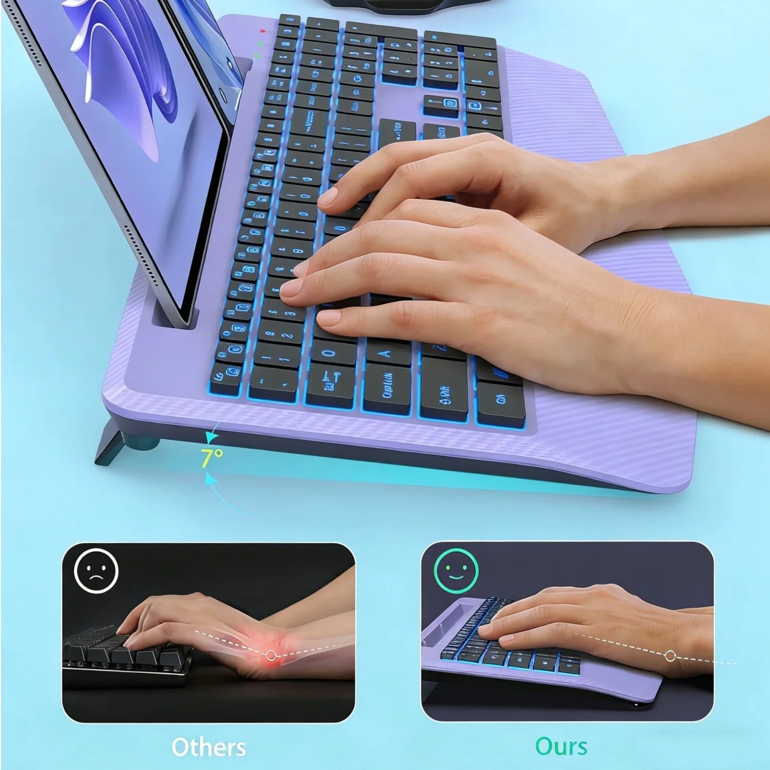 Ensemble clavier et souris sans fil ergonomique rechargeable rétroéclairé RGB silencieux avec repose-poignets avec support pour téléphone – violet