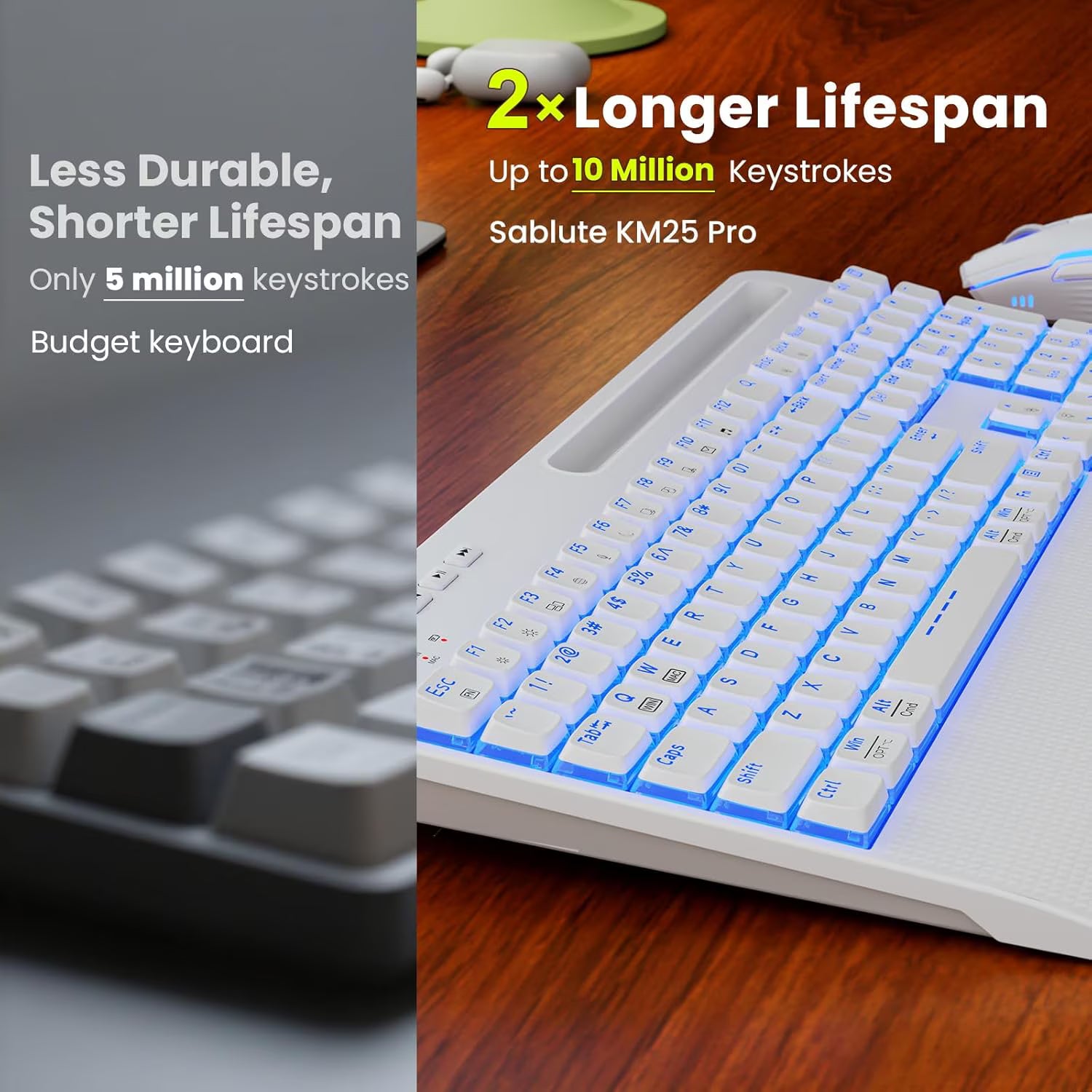 Ensemble clavier et souris sans fil ergonomique rechargeable rétroéclairé RGB silencieux avec repose-poignets avec support pour téléphone, 4000mah – blanc nuage