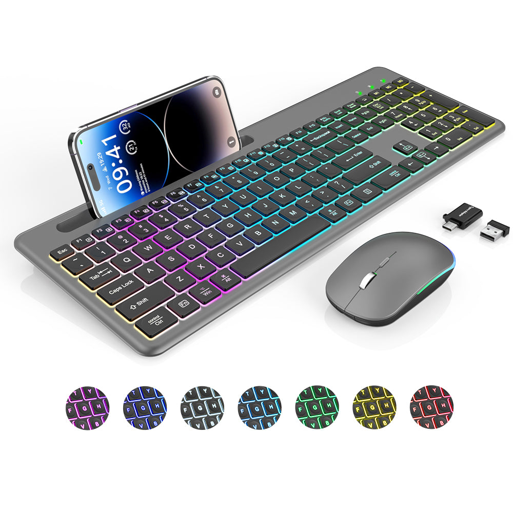 Ensemble clavier et souris sans fil rechargeable rétroéclairé RGB silencieux, 2,4 GHz – blanc