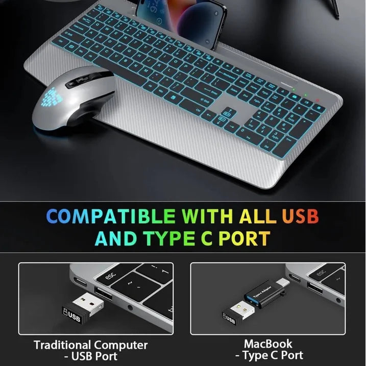 Ensemble clavier et souris sans fil ergonomique rechargeable rétroéclairé RGB silencieux avec repose-poignets avec support pour téléphone – noir