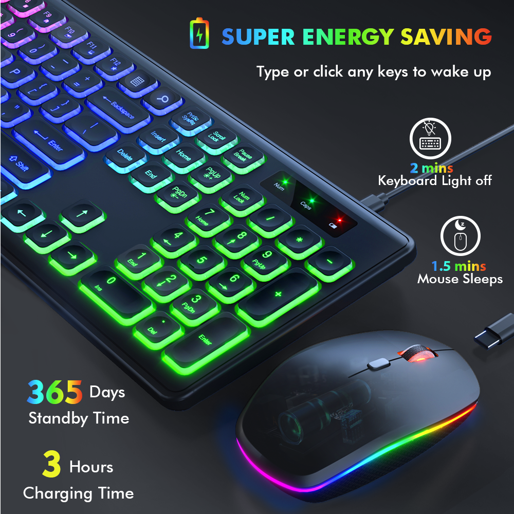 Ensemble clavier et souris sans fil ergonomique rechargeable rétroéclairé RGB silencieux, 2,4 GHz – noir