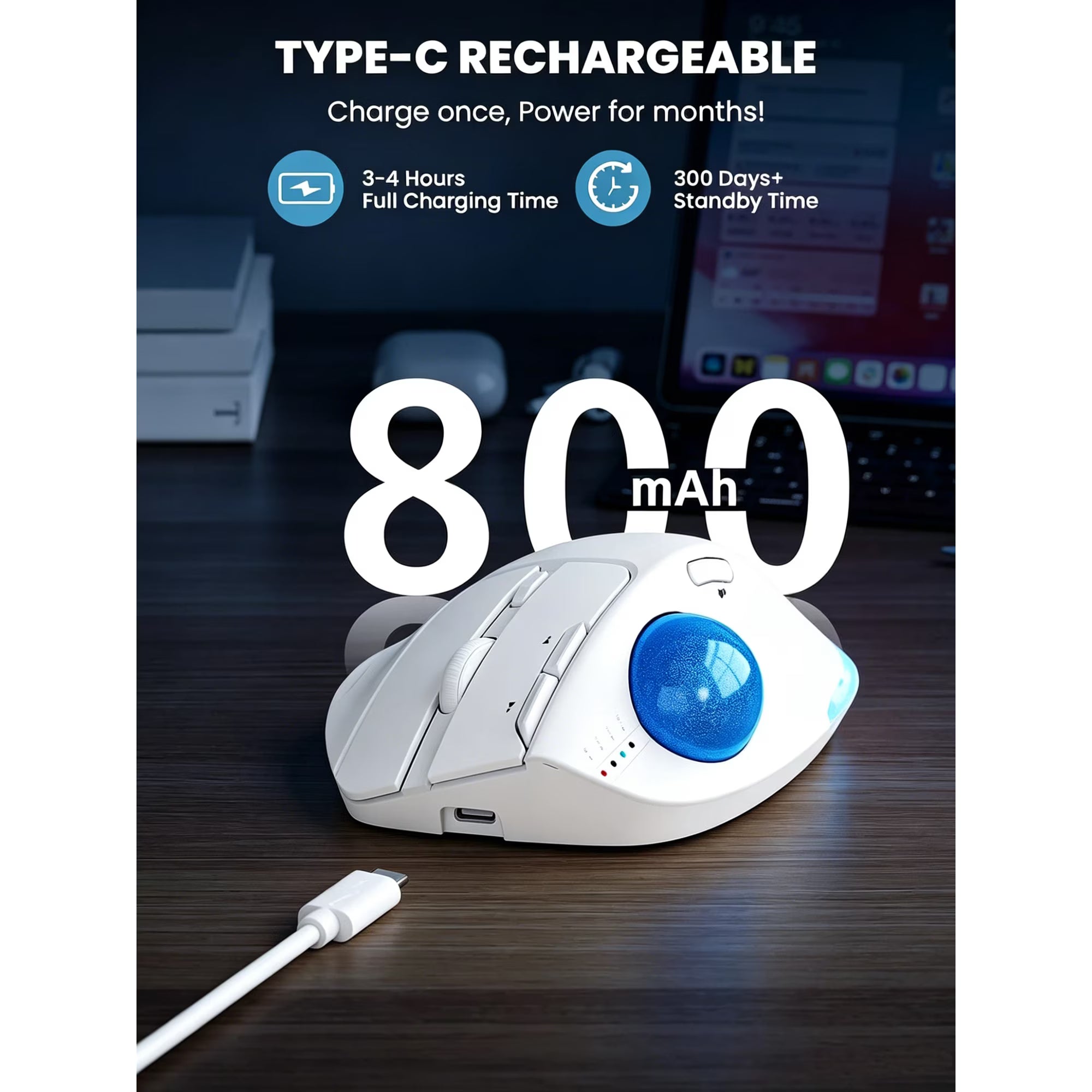 Souris trackball ergonomique sans fil rechargeable silencieuse – blanc