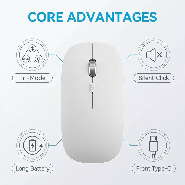 Souris informatique sans fil rechargeable silencieuse, 2,4 GHz, 3 niveaux de DPI – blanc
