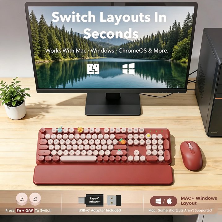 Ensemble clavier et souris sans fil ergonomique avec repose-poignets style rétro, 2,4 GHz – rose vif