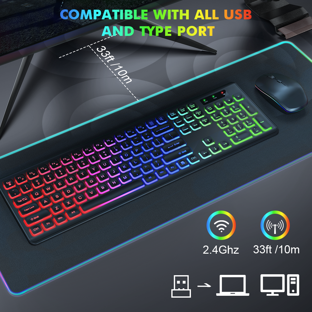 Ensemble clavier et souris sans fil ergonomique rechargeable rétroéclairé RGB silencieux, 2,4 GHz – noir