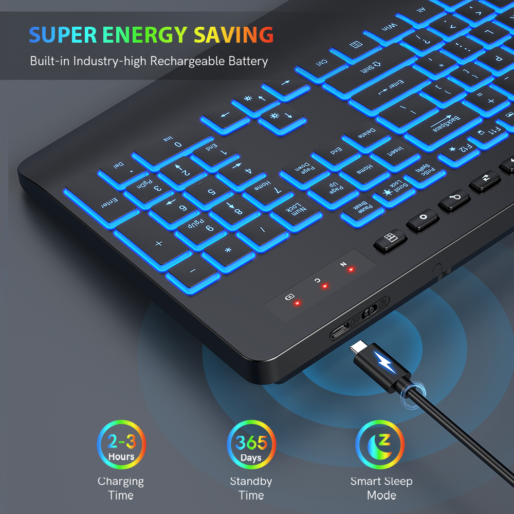 Clavier sans fil ergonomique rechargeable rétroéclairé silencieux avec repose-poignets avec support pour téléphone, 2,4 GHz, 112 touches