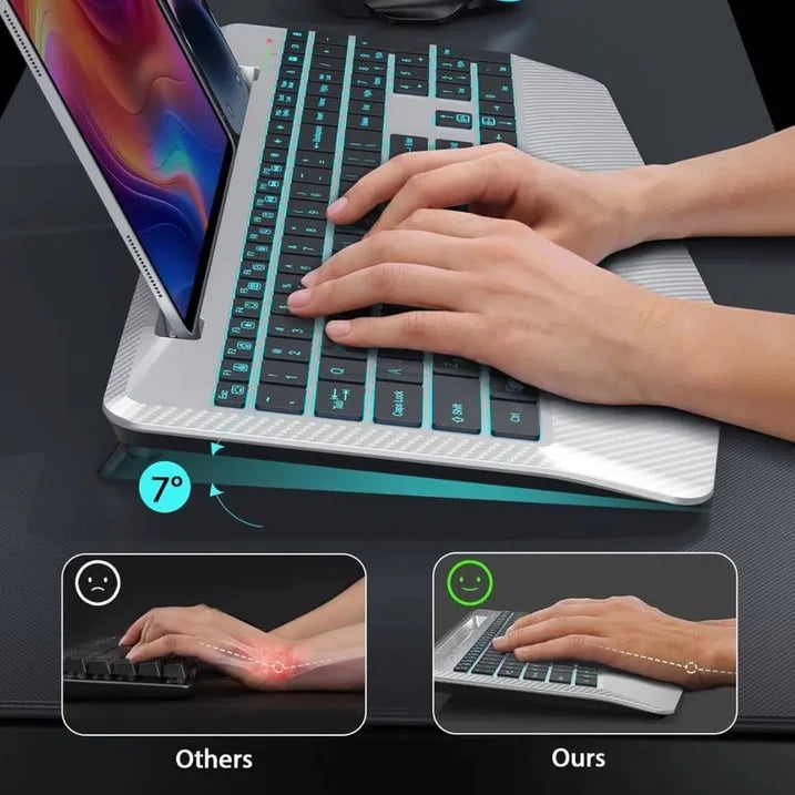 Ensemble clavier et souris sans fil ergonomique rechargeable rétroéclairé RGB silencieux avec repose-poignets avec support pour téléphone – noir