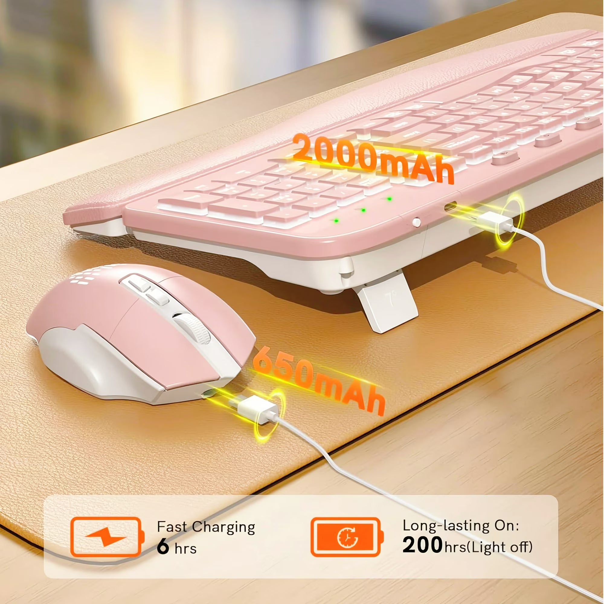 Ensemble clavier et souris sans fil ergonomique rechargeable rétroéclairé RGB avec repose-poignets, 2,4 GHz – rose