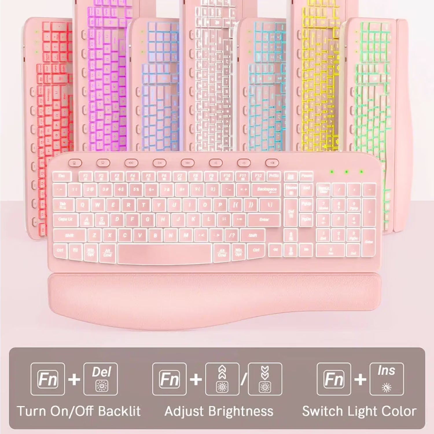 Ensemble clavier et souris sans fil ergonomique rechargeable rétroéclairé RGB avec repose-poignets, 2,4 GHz – rose