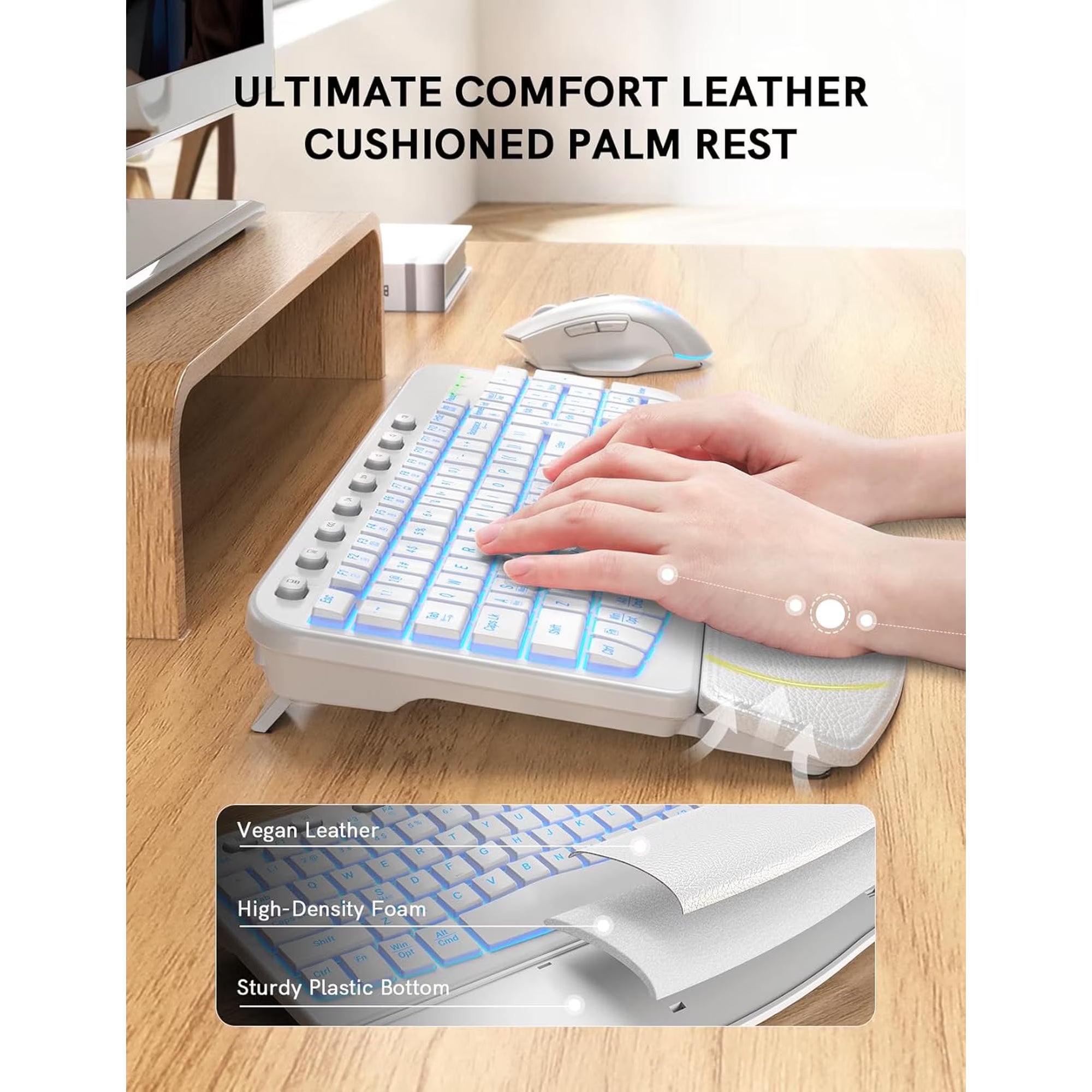 Ensemble clavier et souris sans fil ergonomique rechargeable rétroéclairé RGB avec repose-poignets, 2,4 GHz – blanc